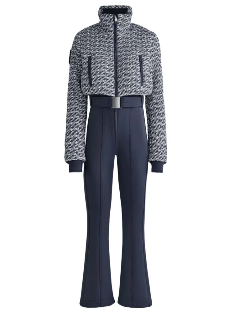Elegant Geometric Print Ski Jumpsuit - High-Waist Winter Romper