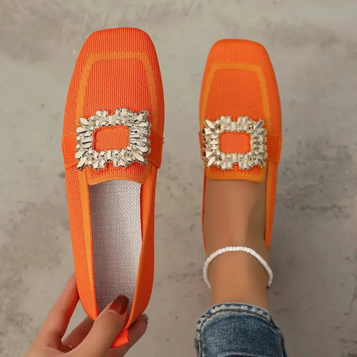 Women Flats Spring 2025 New Large Size Flat Loafers Shoes Women Knitting Slip-on Square Head Breathable Fashion Shoes for Women