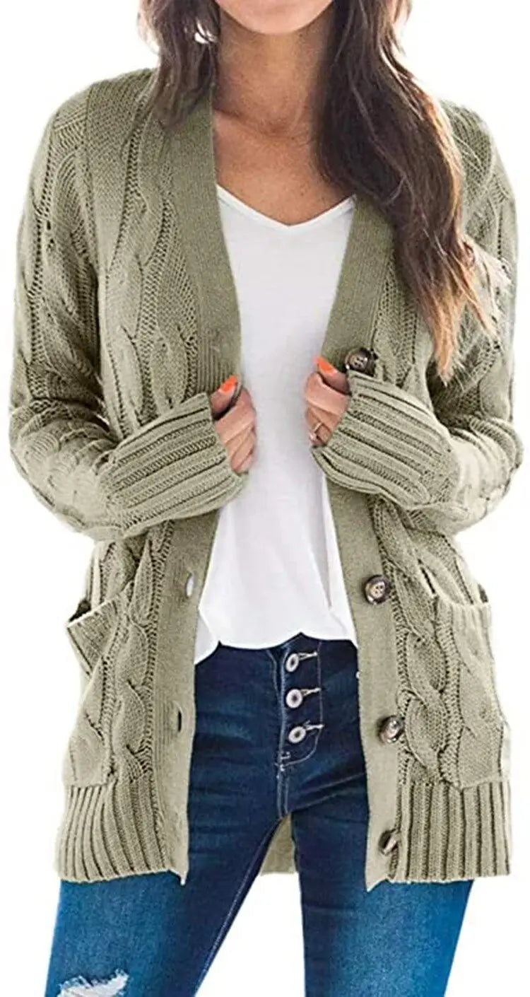 Women's V-Neck Button-Down Cardigan – Soft Loose Fit Knitted Sweater Jacket