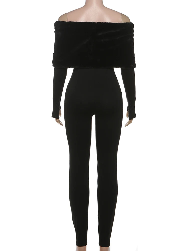 Winter Furry Patchwork Jumpsuit – Slash Neck Long Sleeve Slim Fit Streetwear
