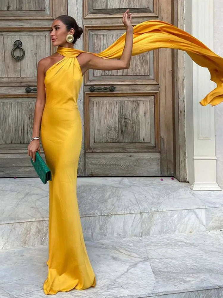 Elegant Ribbon Halter Maxi Dress