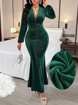 Women’s Elegant V-Neck Velvet Mermaid Evening Gown