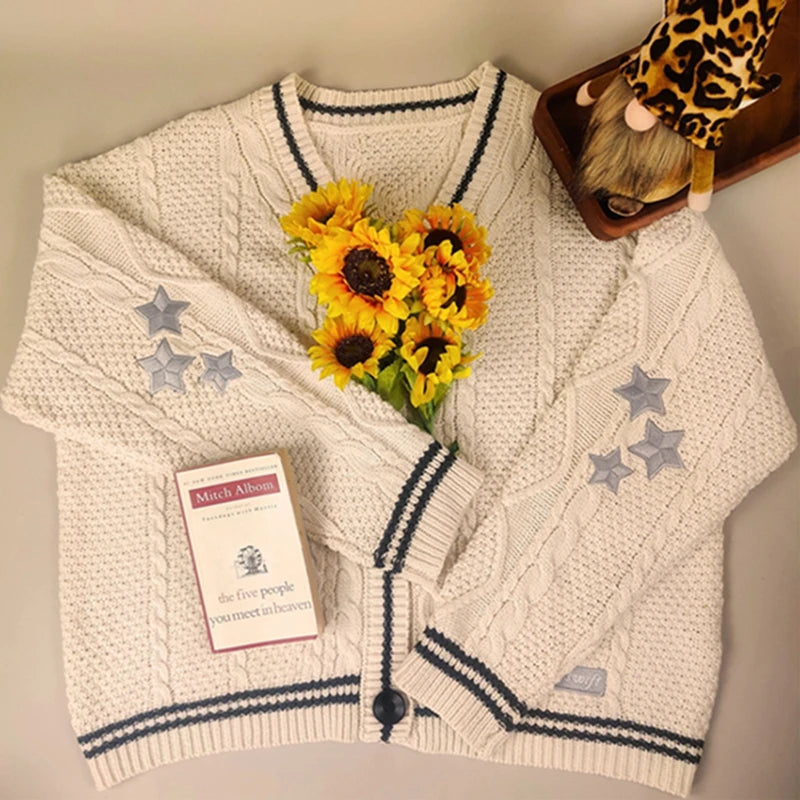 Chic Vintage Star Print Knit Cardigan - V-Neck Aesthetic Preppy Sweater