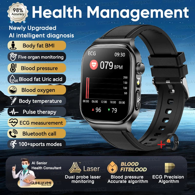 2026 New Accurate Measurement Health Smart Watch ECG+PPG Uric Acid Blood Pressure Blood Lipids BT Call Smartwatchs For Men Women