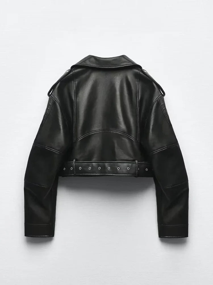 Women's Faux Leather Belted Moto Jacket