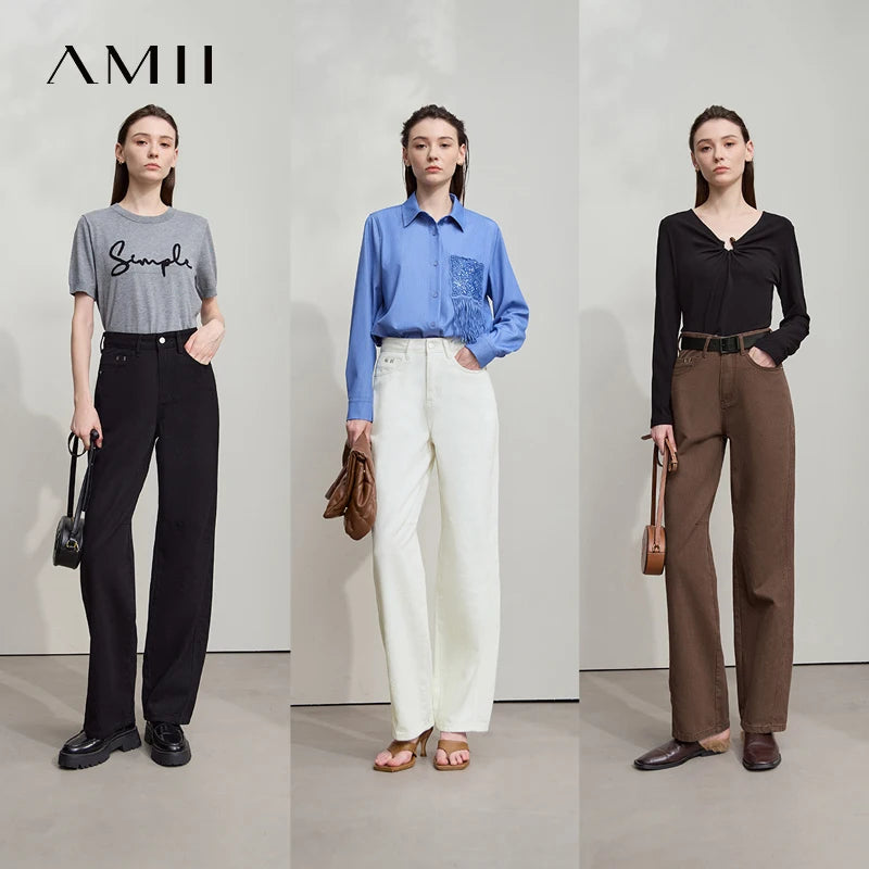 AMII Minimalist 2025 Autumn New Arrival Pants Minimalism Retro Casual Office Lady Pure Cotton Jeans Women Denim Trouser 12543141