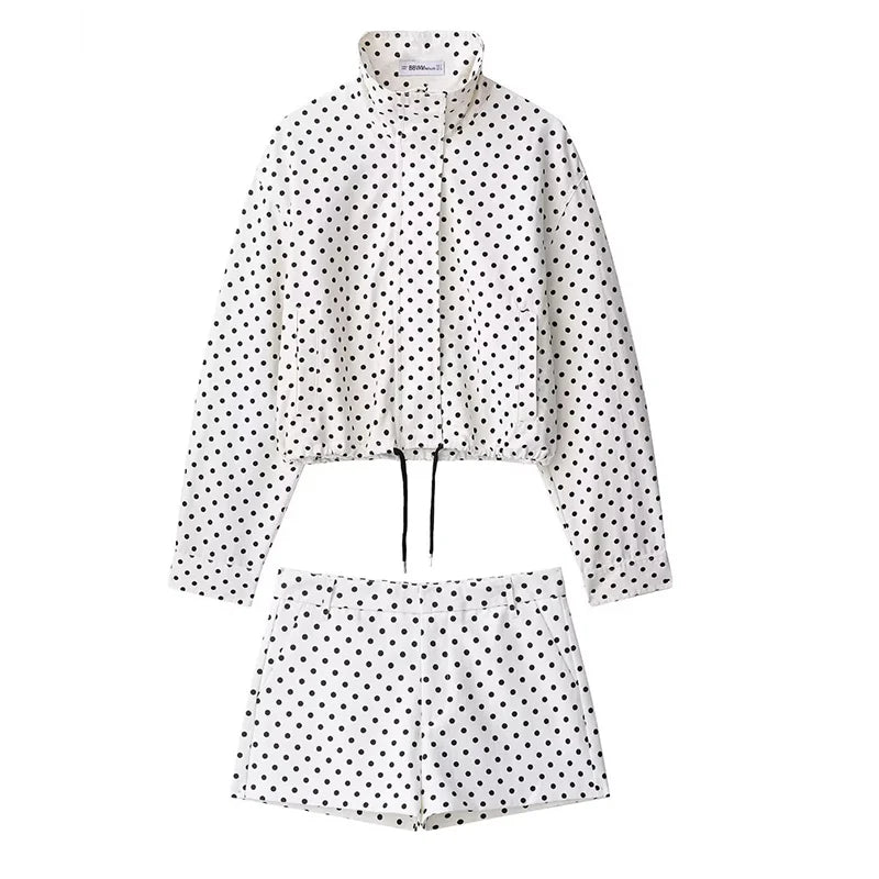 Fashion Polka Dot Shorts Sets For Women 2026 Spring Drawstring Bomber Jacket High Waist Shorts 2 Pieces Set Woman Outfits