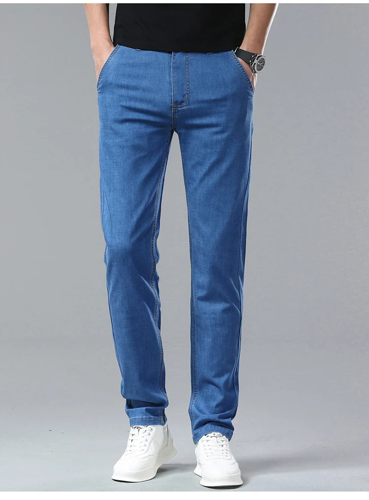 Light Blue Classic Business Casual Cotton Pants Fashion Breathable Denim Elastic Trousers Brand Men's Clothing Straight Jeans