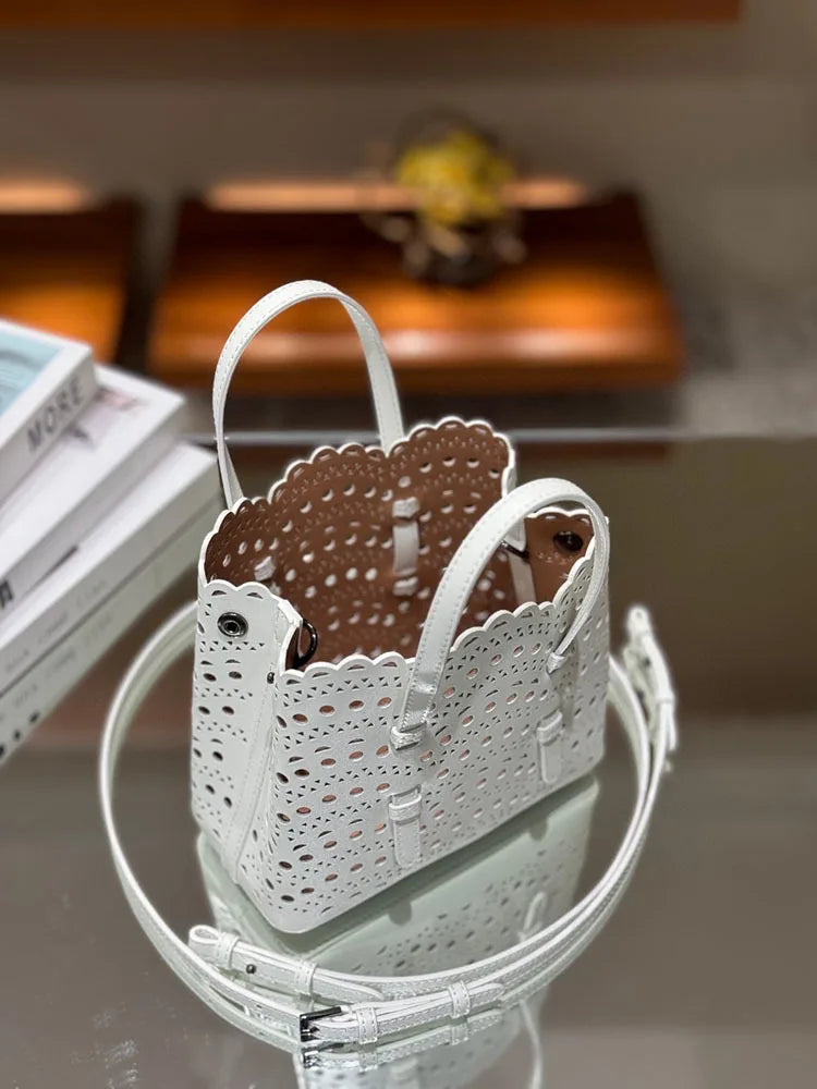 New Tote Bag French Cowhide Handmade Bag Niche Laser Engraved Hollow Leather Vegetable Basket Bag Casual Versatile Temperament