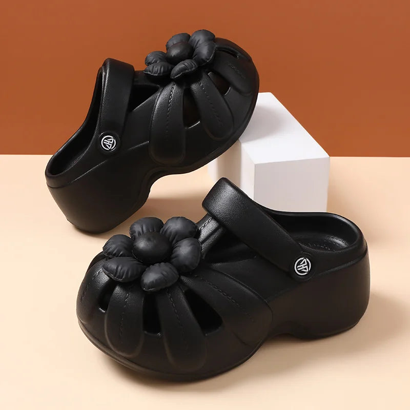 Women's Platform Clog Sandals with Flower Decor — EVA Wedge Beach Shoes