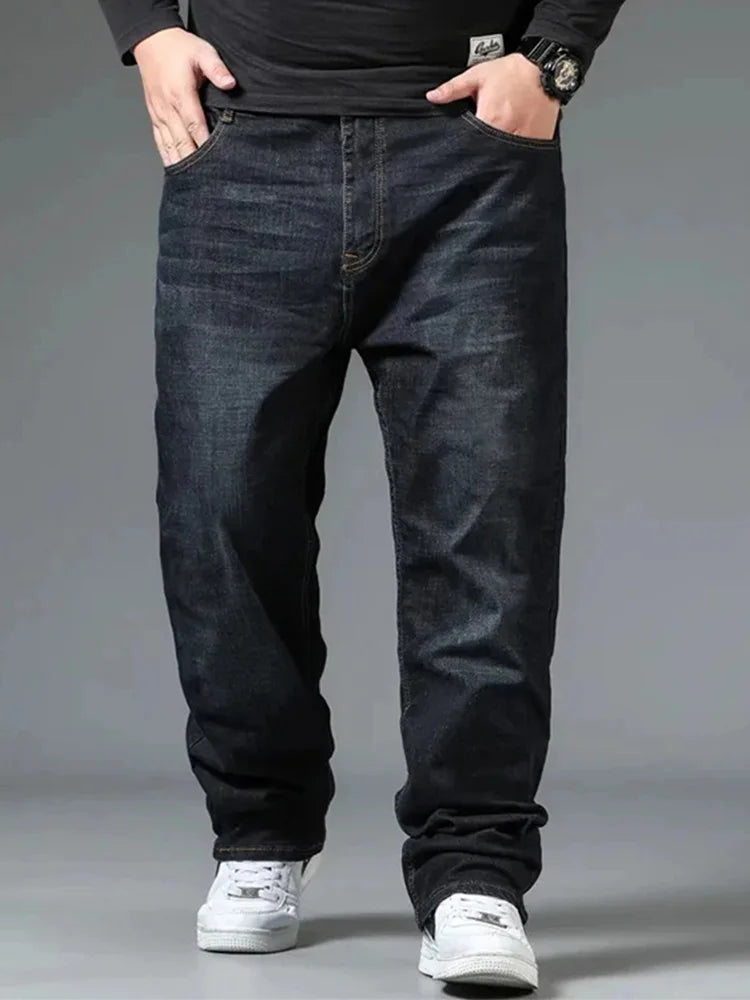 Plus Size Men's Jeans 10XL(160kg) Straight Leg Stretch Denim Pants For 160KG Heavyweight Blue/Black Big & Tall Casual Trousers