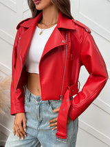 Ailegogo Spring Autumn Women Faux Pu Leather Short Jacket with Belt Motorcycle Biker Female Zipper Lapel Loose Coat Outwear
