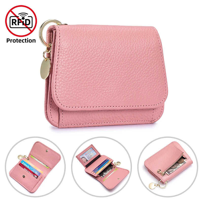 Women Genuine Leather Slim TriFold Wallet Credit Card Holder With Zipper Coin Pouch, ID Window & Keychain