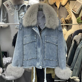Women's Fox Fur Denim Winter Jacket – 2025 USA Streetwear Edition