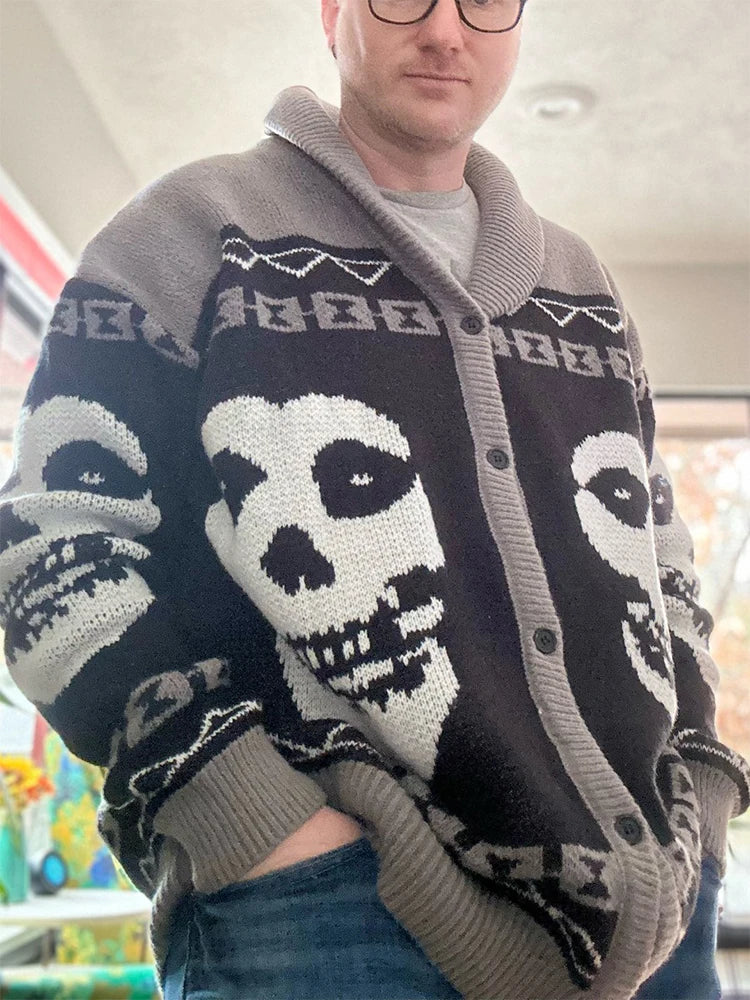 Y2K Gothic Ghost Portrait Knit Sweater – Oversized Harajuku Fall/Winter Cardigan