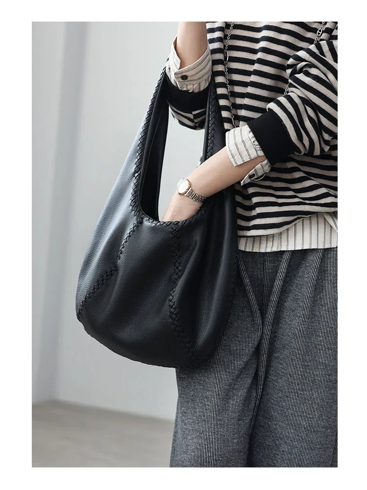 JAZZQ Soft Cowhide Leather Hobo Tote | Hand-Woven Detail