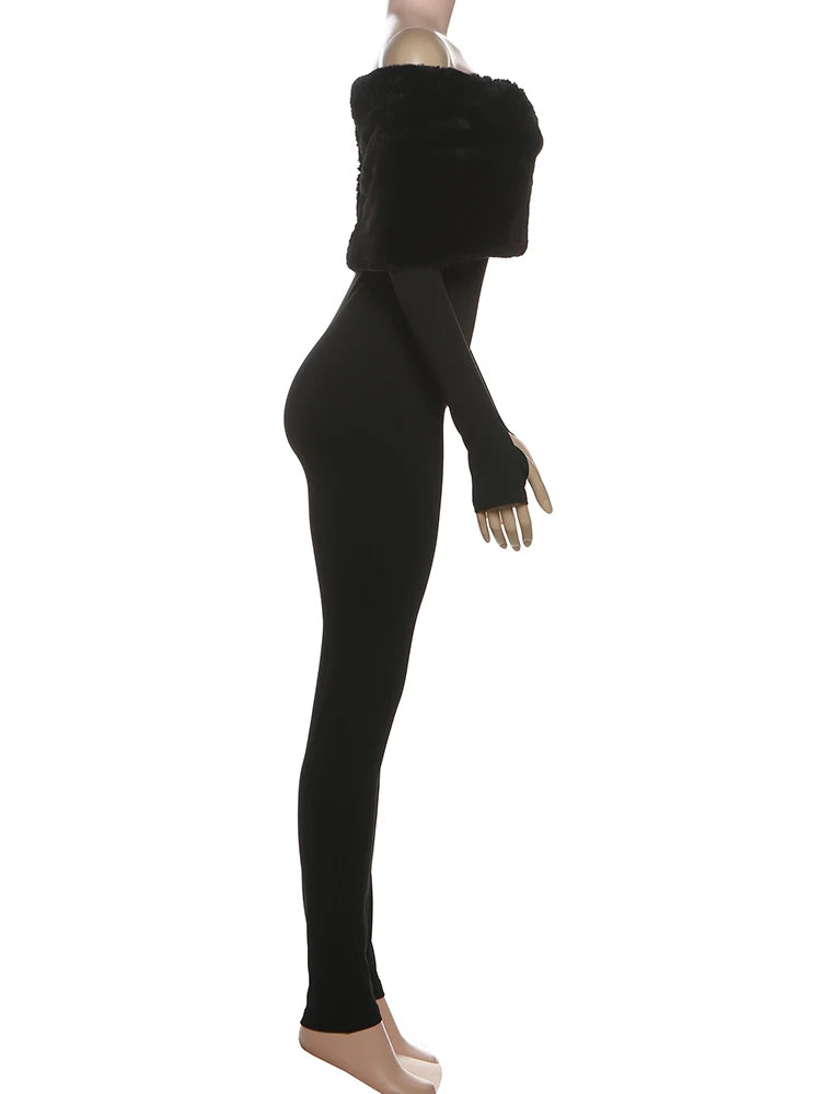 Winter Furry Patchwork Jumpsuit – Slash Neck Long Sleeve Slim Fit Streetwear
