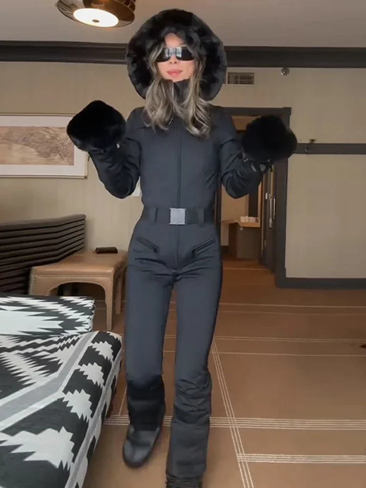Elegant Faux Fur Hooded Women's Ski Jumpsuit