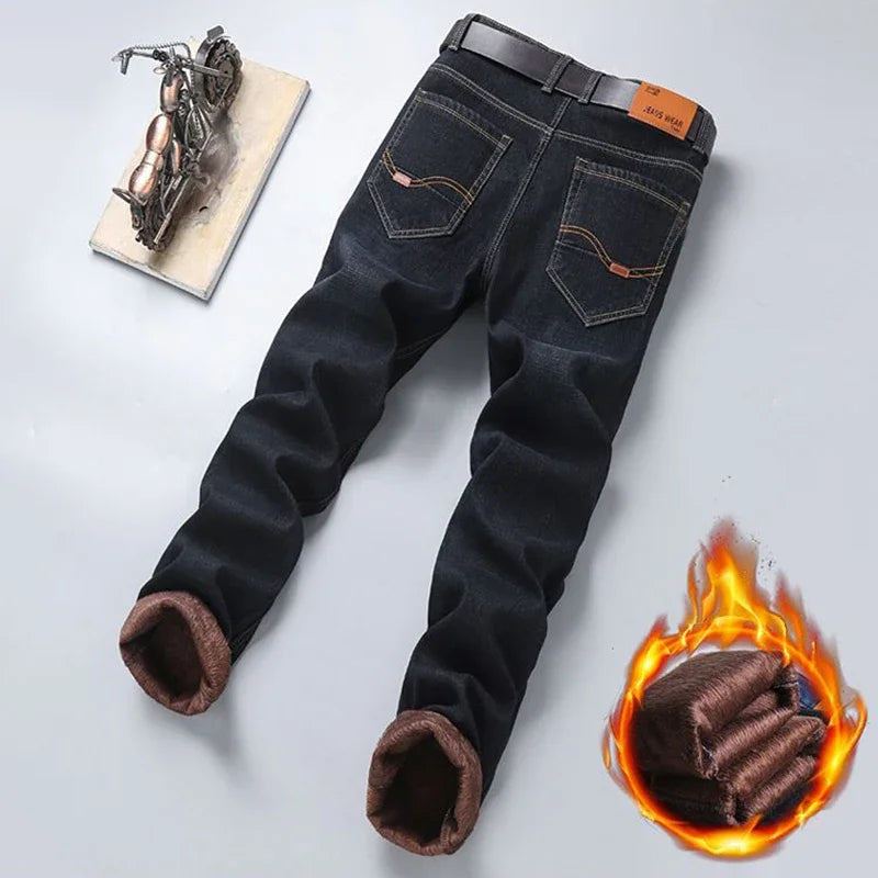 Men Winter Snow Warm Plush  Loose Minimalist Jeans Male Fleece Lined ThickenedStraight Denim Pants Slim Fit Elasticity Trousers