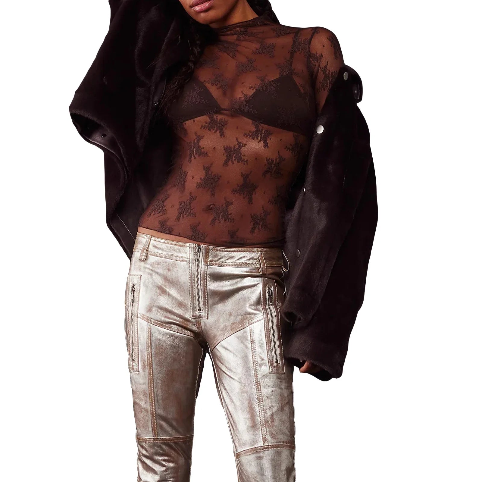 Floral Lace Sheer Mesh Long Sleeve Top