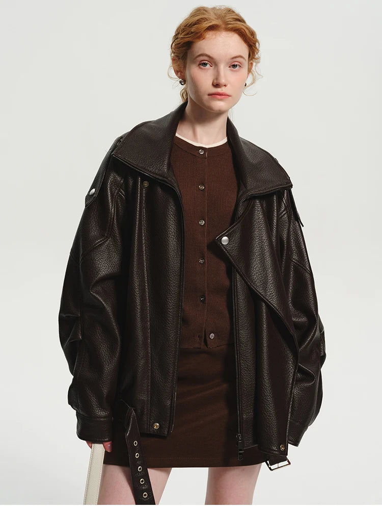 Lautaro Spring Autumn Cool Brown Oversized Pu Leather Jacket Women Long Sleeve Zip Up Luxury Designer American Retro Clothing