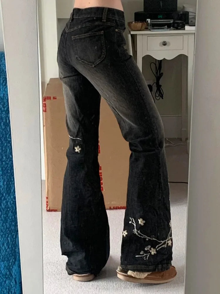 Weekeep Floral Embroidery Low Rise Flared Jeans Women