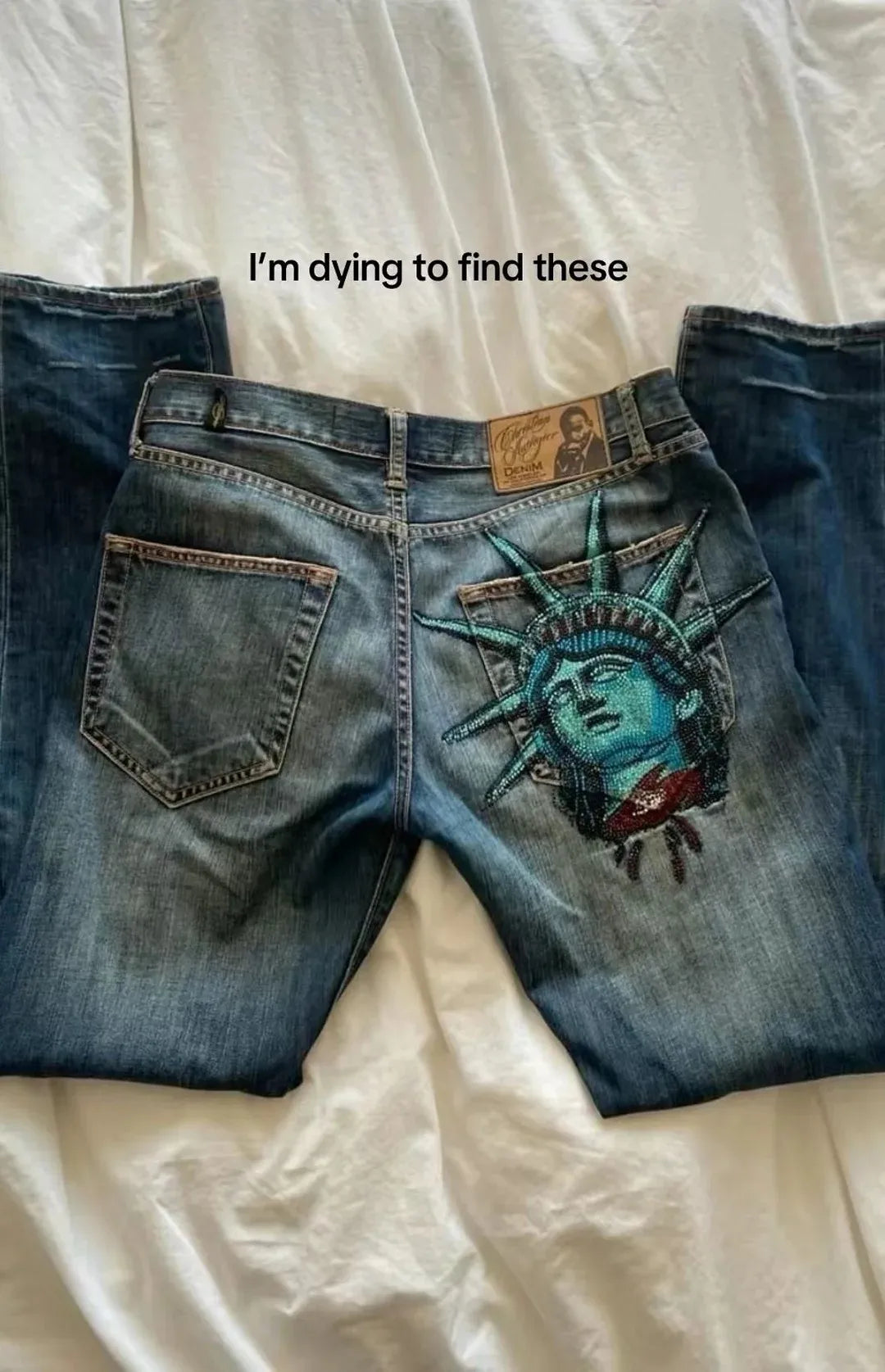 Y2K High-Waist Baggy Jeans – Rhinestone & Liberty Embroidery