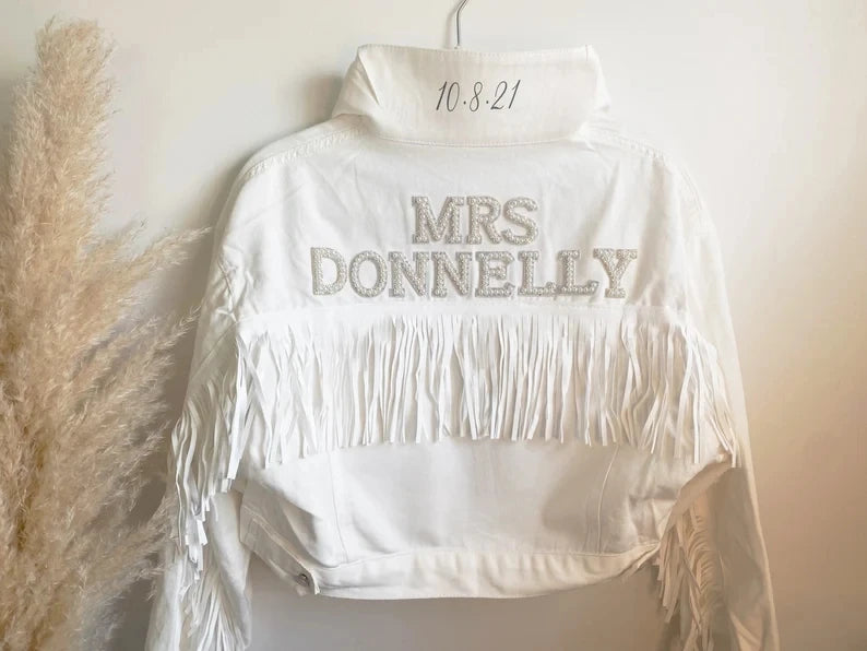 Custom Pearl & Rhinestone Bride Denim Jacket