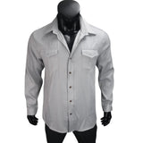 Men's Denim Shirt Slim Fit Light Blue Long Sleeve Casual Top with Two Chest Pockets Button Front Copper Buttons Washed Gray