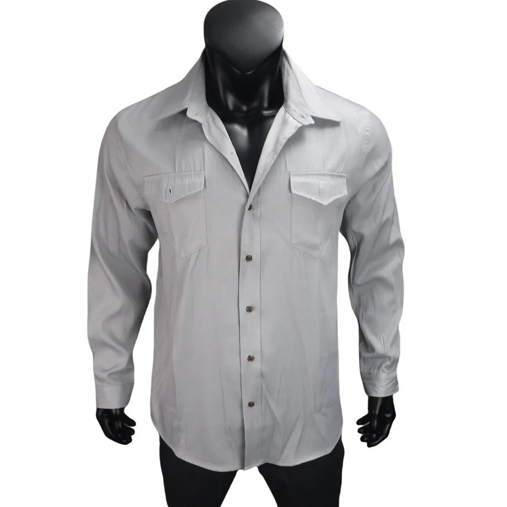 Men's Denim Shirt Slim Fit Light Blue Long Sleeve Casual Top with Two Chest Pockets Button Front Copper Buttons Washed Gray