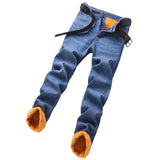 Brand Men Jean Warm Autumn Winter Loose Straight Jeans Male Casual Fleece Lined Thickened Denim Pant Elastic Waist High Trousers