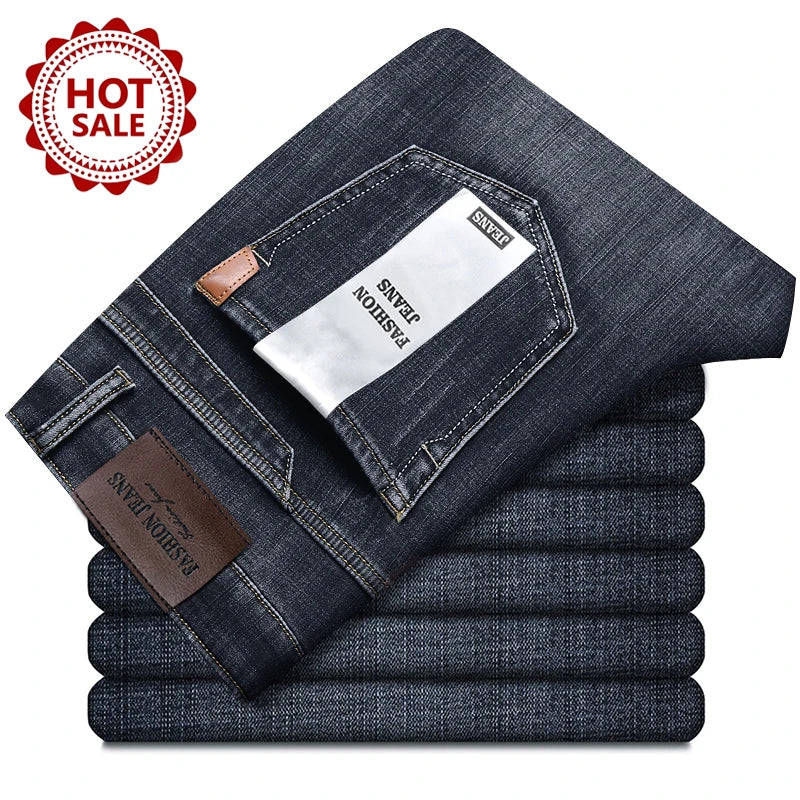 OUSSYU Brand Classic Retro Blue Men's Jeans Denim Pants Work Streetwear Straight Stretch Business Autumn Winter Cotton Trousers