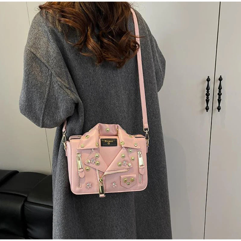 Jacket Collar Shaped Crossbody Shoulder Bag,Women Metal Flower Studded Handbag ,Niche Designer Streetwear Fashion Rivet Tote Bag