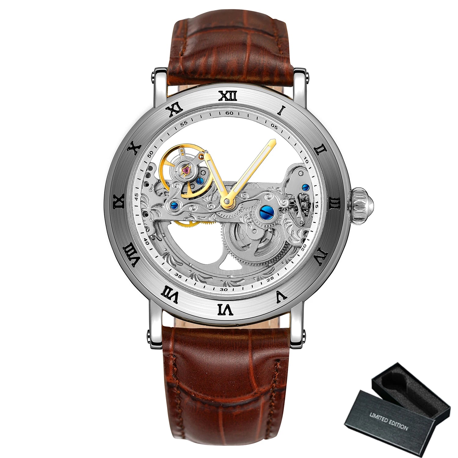 Vintage Mechanical Watches Golden Bridge Skeleton Automatic Mens Watch Luxury Genuine Leather Belt Carved Movement Luminous Hand