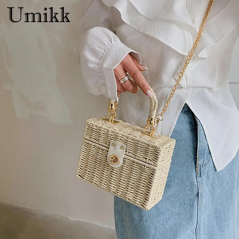 Rattan Straw Shoulder Bag Women Boho Hand-Woven Basket Messenger Pouch Summer Beach Square Box Top-handle Handbag