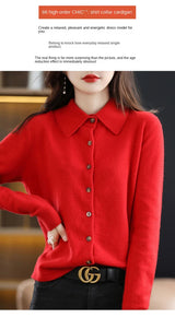 Polo Collar Spun Wool Cardigan – Elegant Single-Breasted Knit Jacket