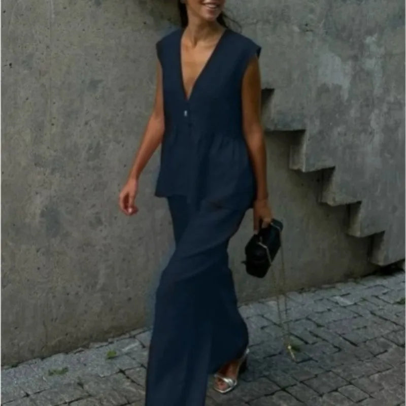 Fashion Women's Trouser Suits Sleeveless V-Neck Top Women Casual Straight Pants Sets Summer Women's Suit Commuter 2 Piece Set