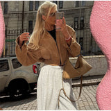 Brown Retro Suede Lapel Zippered Short Jackets Women's Casual Full Sleeves Pocket Loose Coats 2026 Spring Daily Commute Outwear