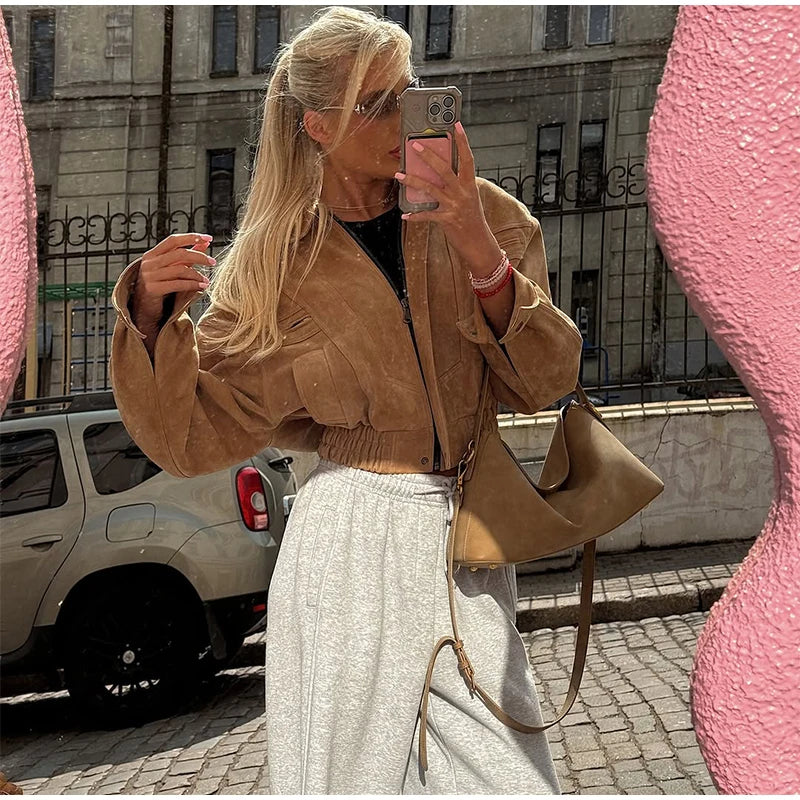 Brown Retro Suede Lapel Zippered Short Jackets Women's Casual Full Sleeves Pocket Loose Coats 2026 Spring Daily Commute Outwear