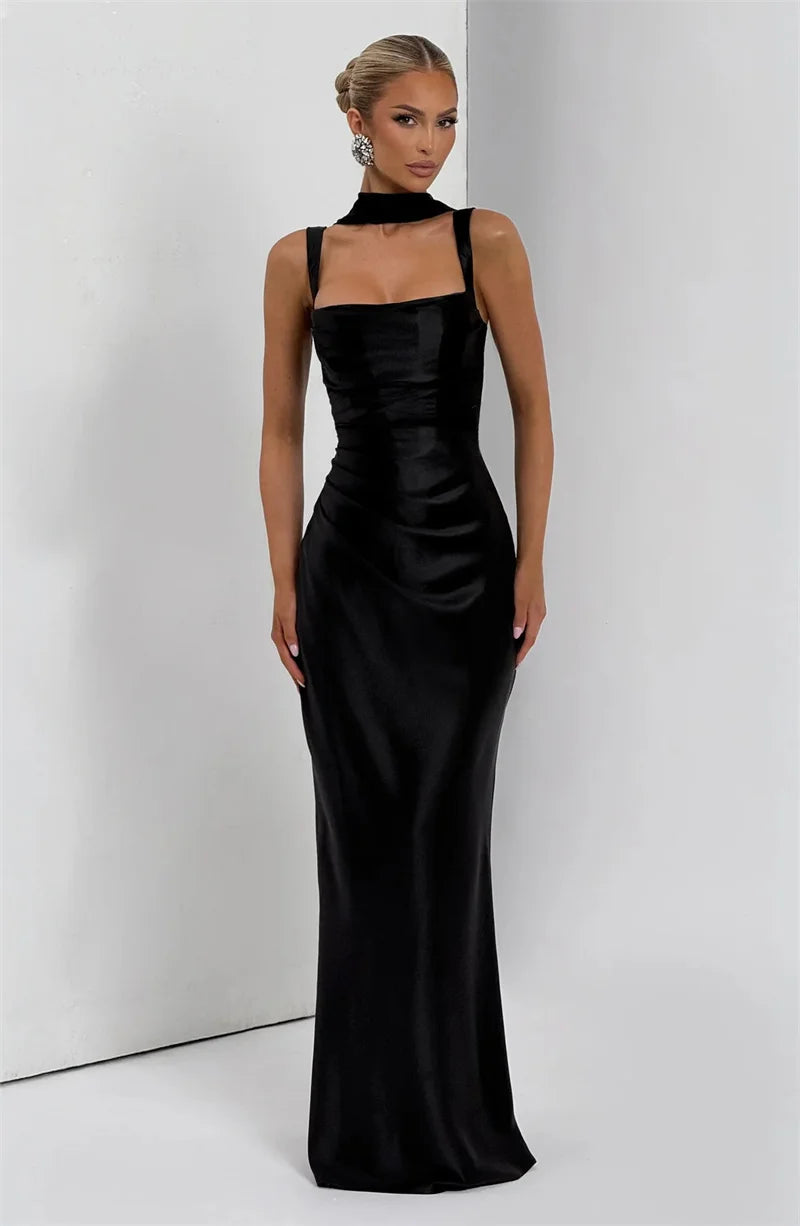 Elegant Backless Satin Maxi Dress – Sleeveless Halter Bodycon Party Gown