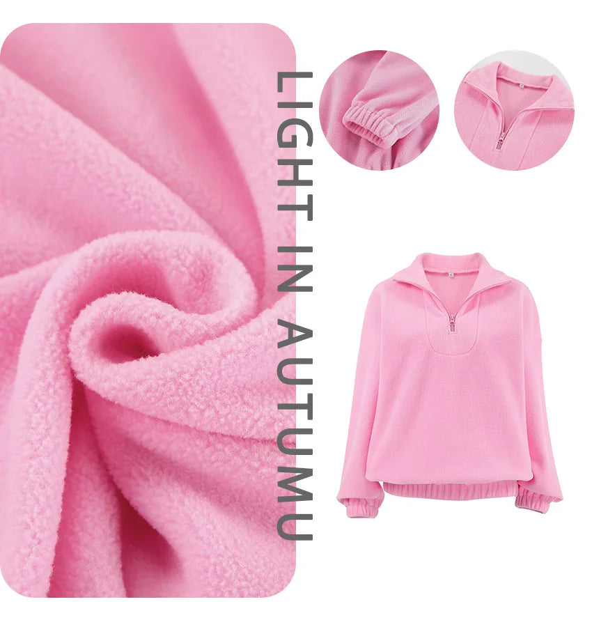Women Autumn Winter Fleece Hoodies Elegant Stand Collar Zipper Loose Sweatshirt Elegant Solid Pullover Casual Top Streetwear