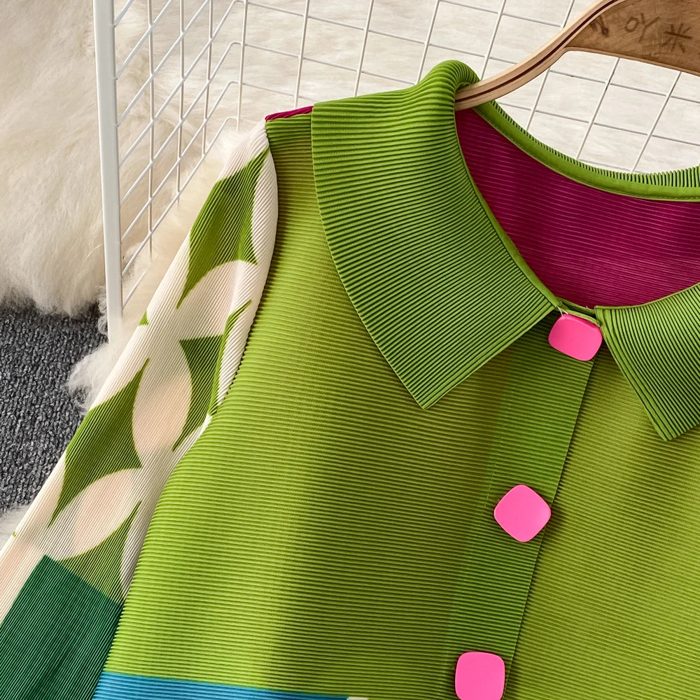 Miyake Pleated Drape Dress – Colorblock Print, 3/4 Sleeve