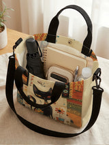 Abstract Geometric Floral Black Cat Art Print Tote Bag Detachable Strap Crossbody Handbag For Women Daily Shopping