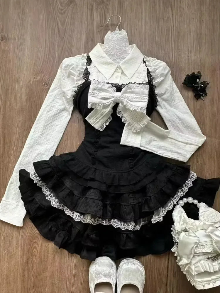 Sweet Lolita Lace Up Ruffles Cardigan+ Sexy Slim Fit Strapless Vest Tops+ High Waist Ruched Skirts Early Autumn Three Piece Sets