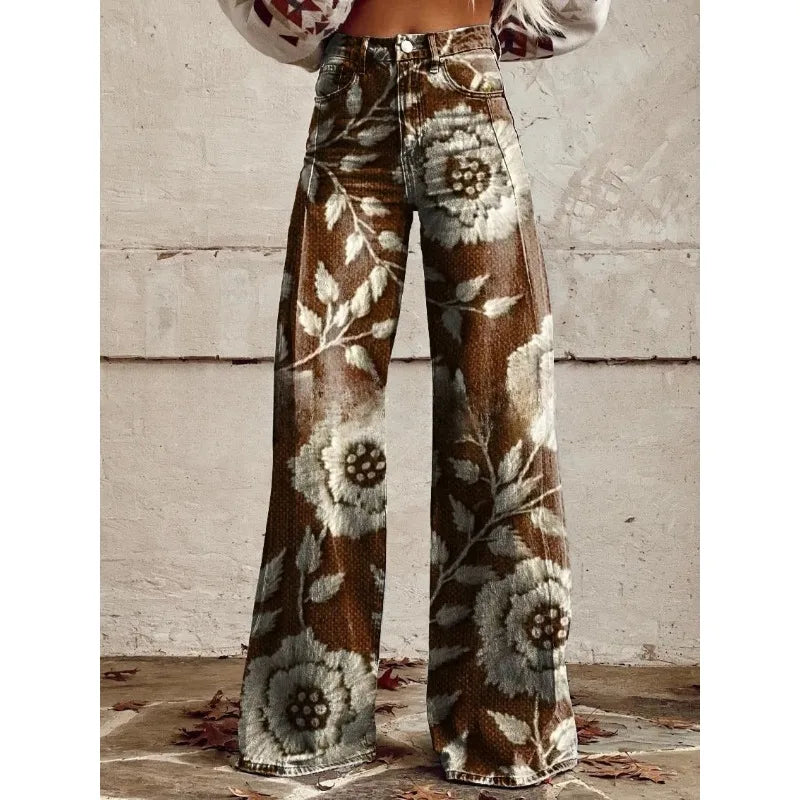 Women's 3D Print Wide-Leg "Jeans" – Trendy Low-Waist Flare Pants