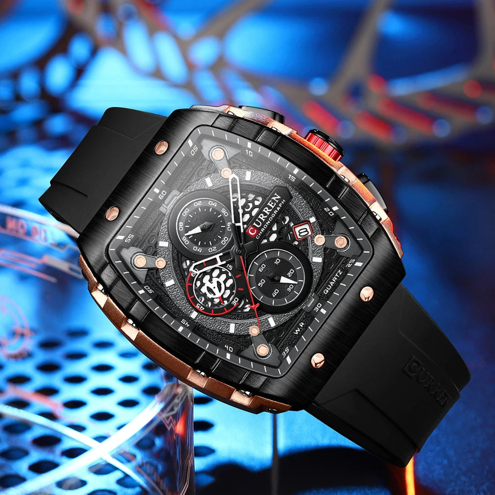 Men’s Sport Quartz Watch – Yellow Silicone Strap, Luminous Auto Date Square Dial