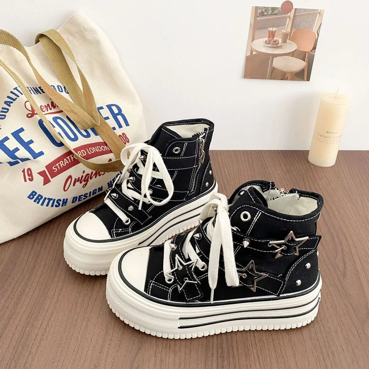 Women's High-Top Canvas Platform Sneakers — Rivet Buckle Lace-Up