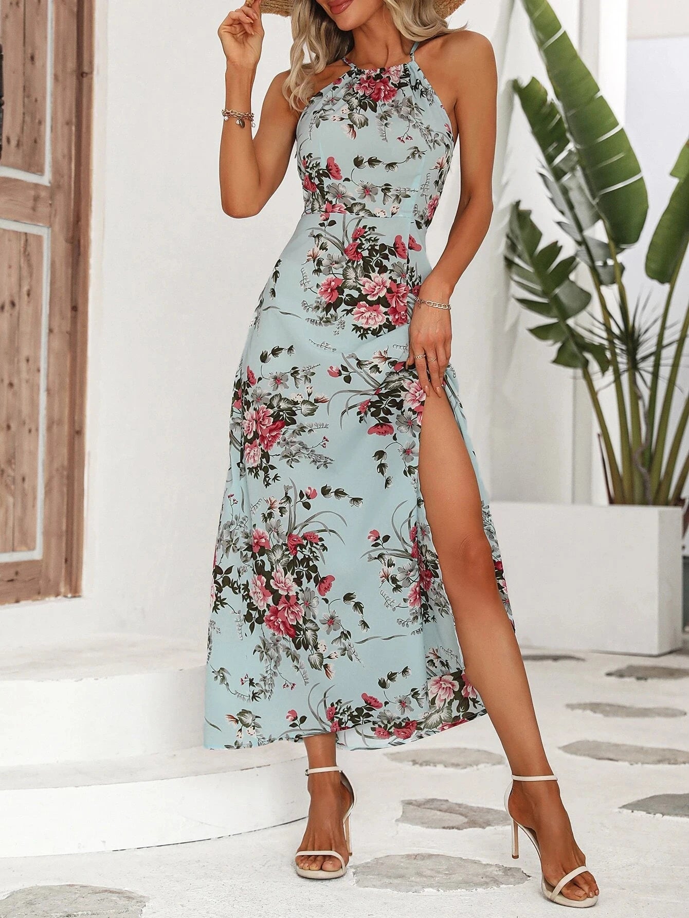 Elegant Floral Print High Slit Halter Dress