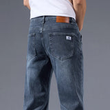 Men's Winter Fleece Thicken Lightweight Business Straight Leg Jeans Solid Color Versatile Slight Elastic Long Pants