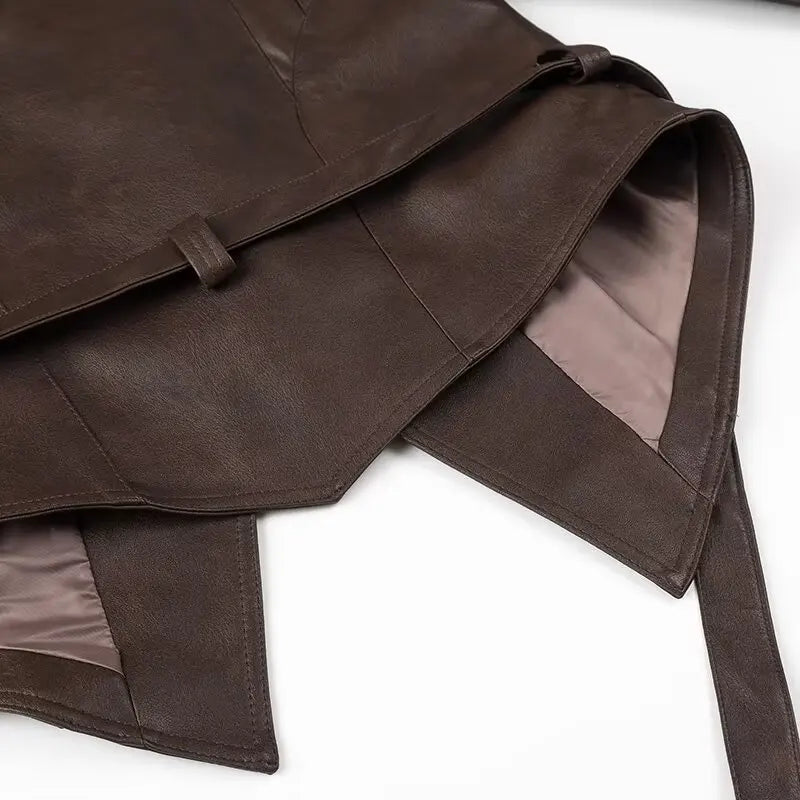 Mauroicardi Spring Autumn Short Retro Brown Pu Leather Jacket Women Sashes Lace Up Luxury Designer Emo Clothes European Fashion